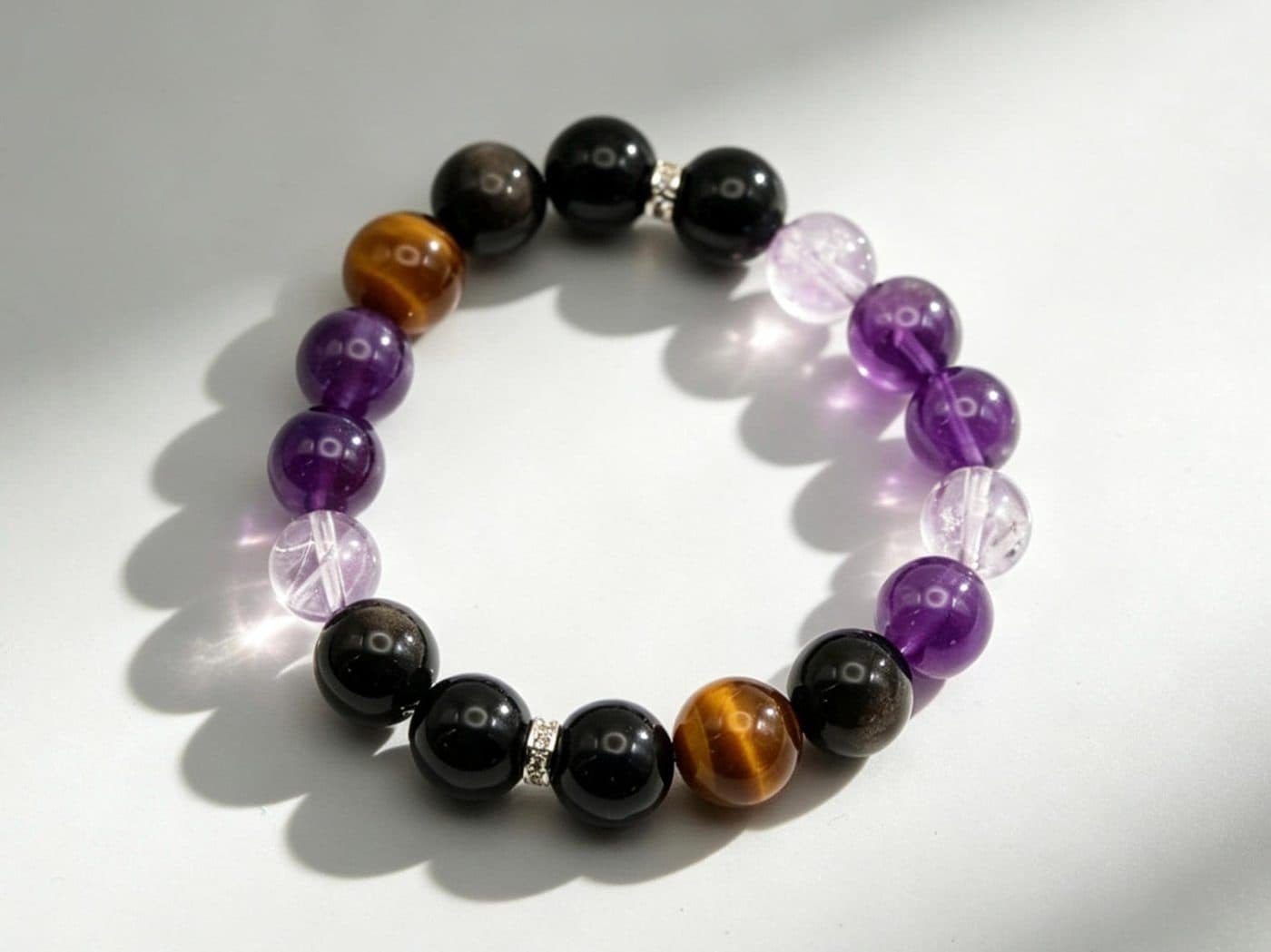 12 mm Bolivian Uruguayan Amethyst Tiger Eye Obsidian Crystal Stretch Bracelet | Gift for Him/Her