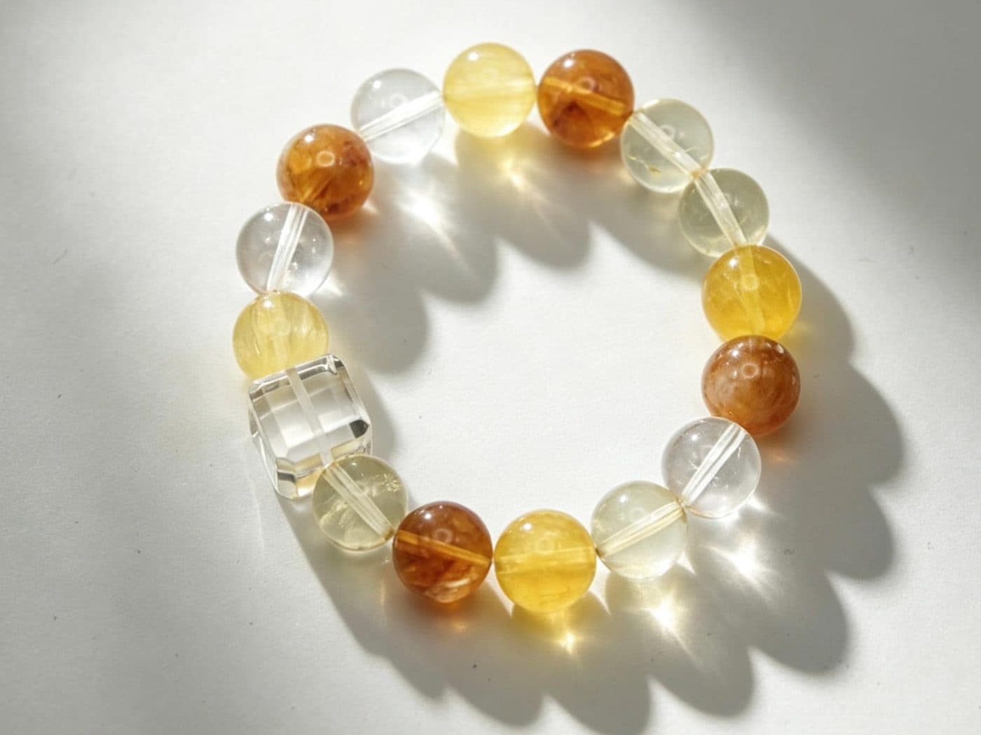 12mm Natural Citrine & Yellow Fluorite with Rutilated and Clear Quartz | Genuine Crystal Stretch Bracelet