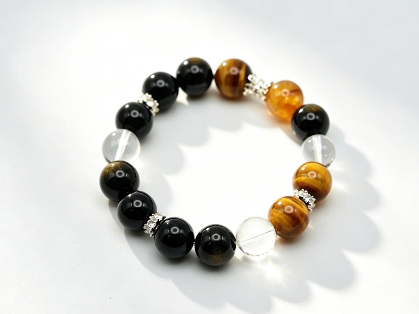Clear Quartz, Black Onyx,  Tiger's Eye Stone Beaded Bracelet - Protective & Grounding Energy Bracelet