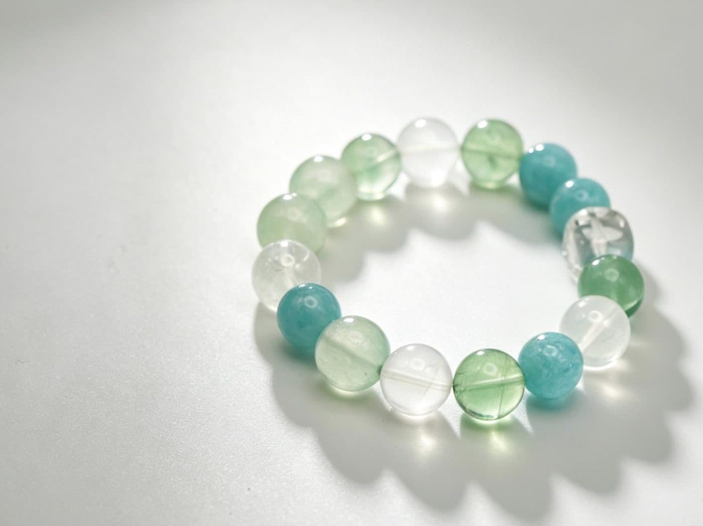 Green Fluorite White Quartz Amazonite Bracelet - Handmade Healing Crystal Beads