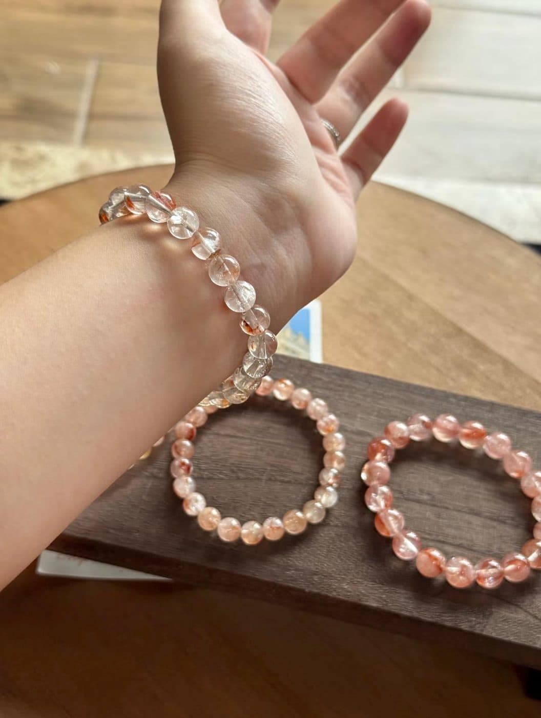 Handmade Koi Flower Crystal Bracelet, Peach Orange Sparkle Beads, Stretch Jewelry
