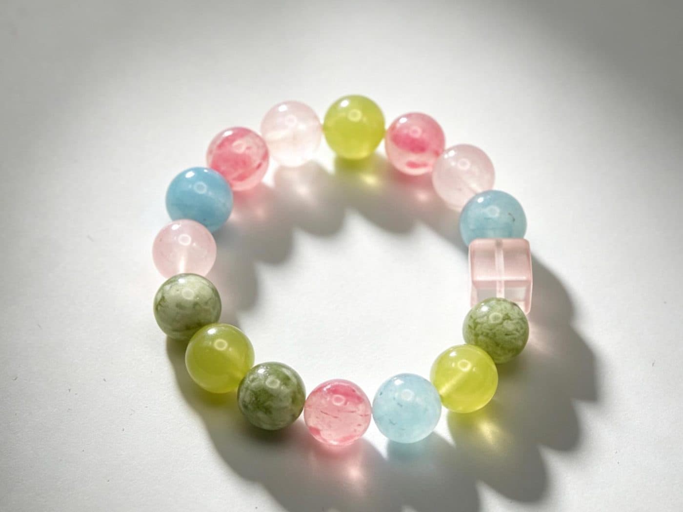 Natural Aquamarine Rose Quartz Serpentine Jade Lemon Jade Bracelet | Pastel Multicolor Spring Gift Her