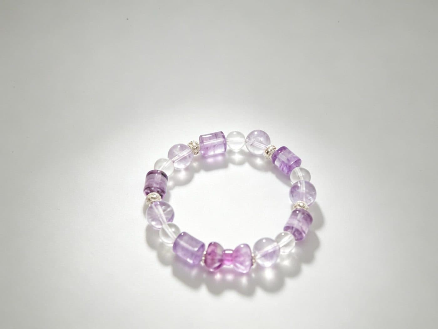 Natural Bolivian Amethyst & Clear Quartz Bracelet | Butterfly Crystal Bead Stretch Bracelet