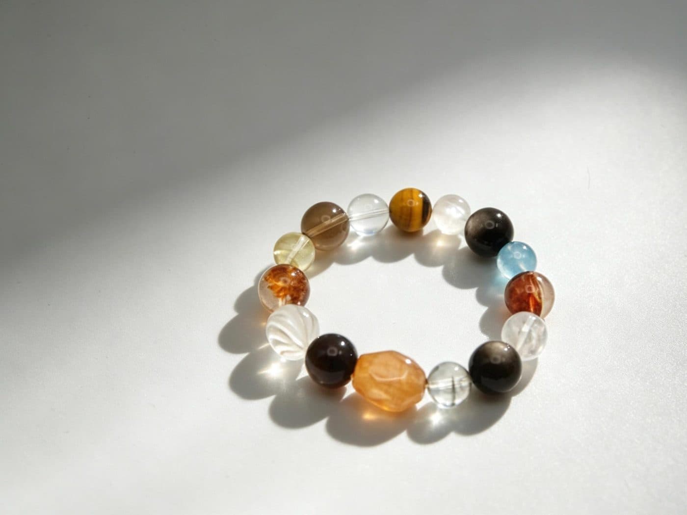 Natural Gemstone Bracelet | Yellow Phantom · Obsidian · Tea Quartz · Green Phantom · Copper Ore Koi · Aquamarine | Handcrafted