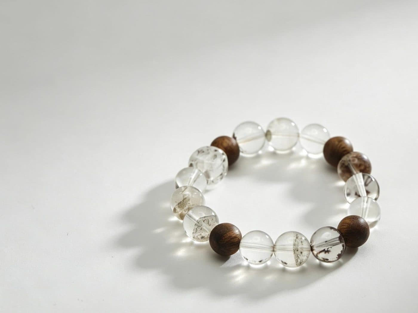 Natural Phantom Quartz Kynam Agarwood Bracelet | Clear Quartz Wood Bead Minimalist Zen Gift