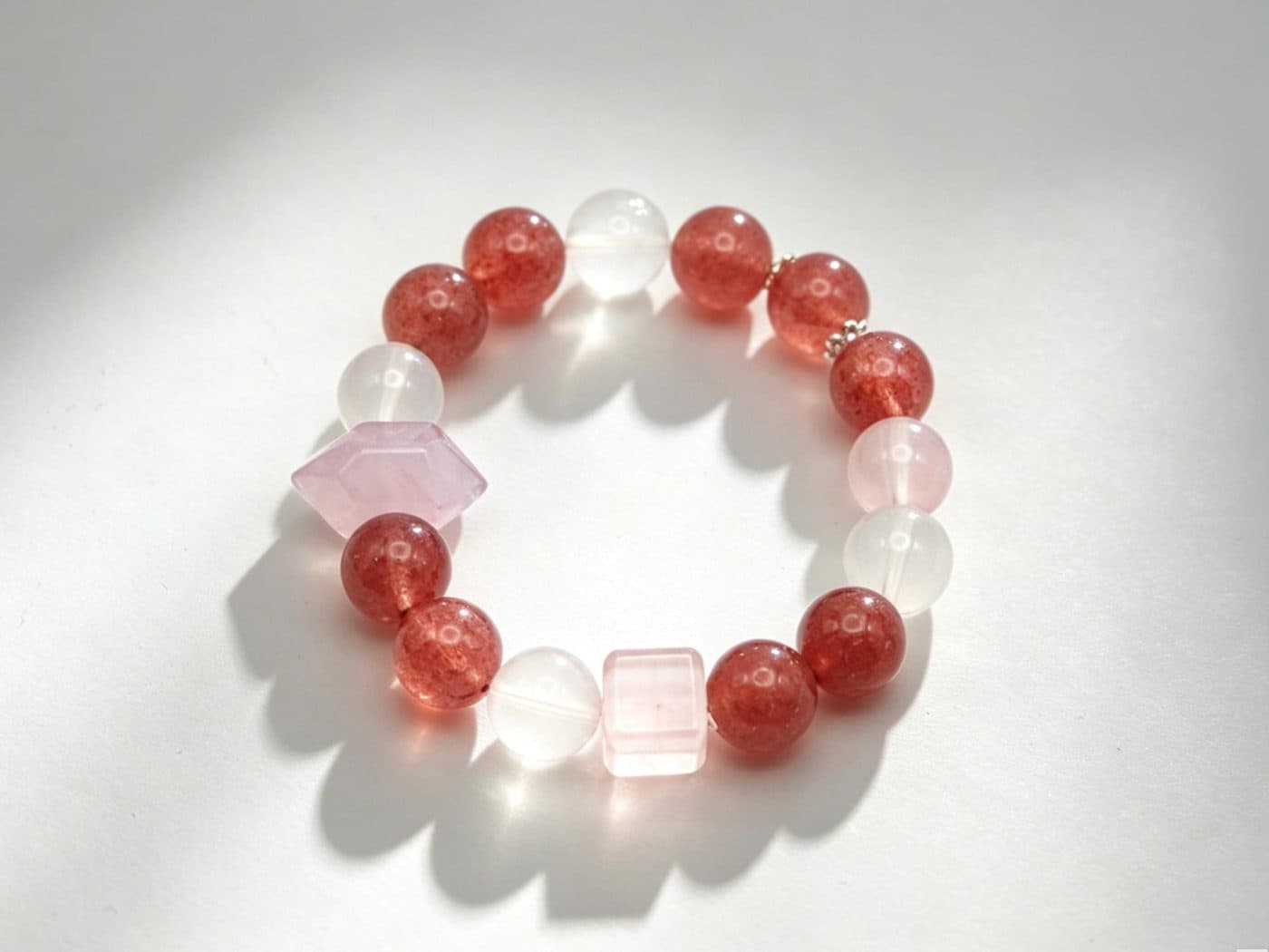 Natural Strawberry Rose Quartz Milky Bracelet | Geometric Cut Mixed Shape Love Gift Her