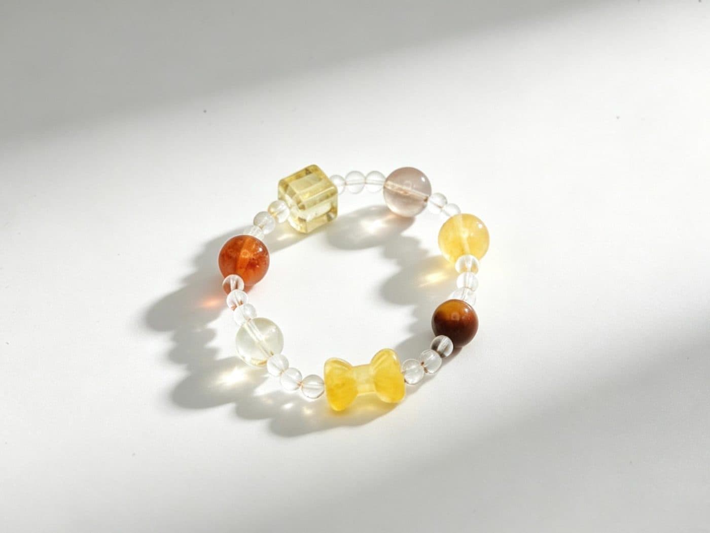 Natural Yellow Fluorite Bow Citrine Tiger Eye Clear Quartz Bracelet | Cute Sunny Crystal Gift for Her