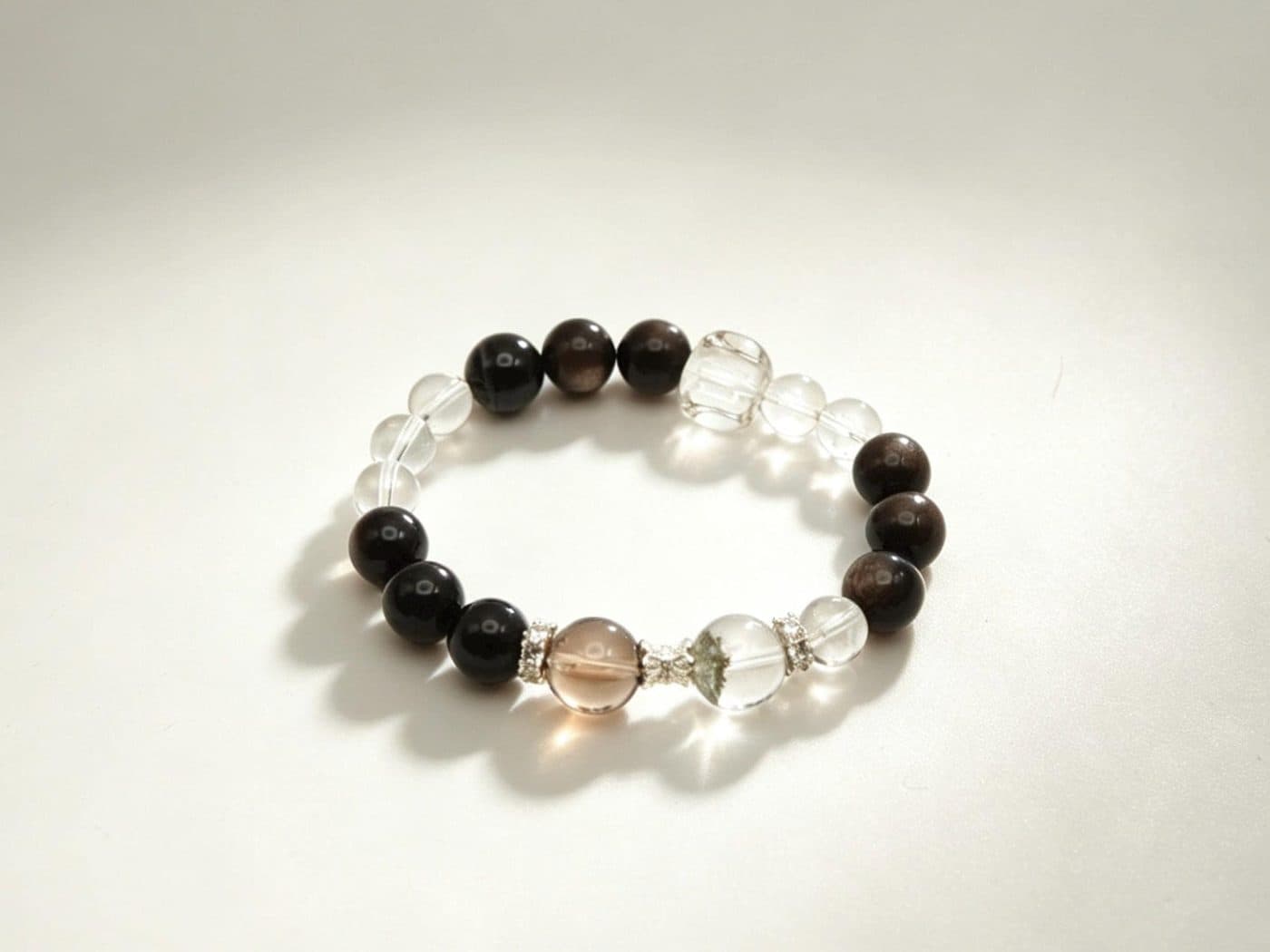 Obsidian Blue Tiger Eye Smoky Quartz Bracelet | Green Phantom Quartz Silver Spacer Men Gift