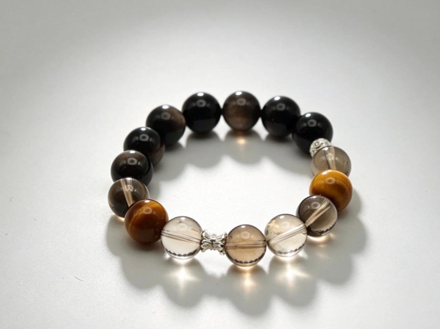 Obsidian Tiger Eye Smoky Quartz Bracelet | Silver Crown Bead Cap Men Crystal Gift