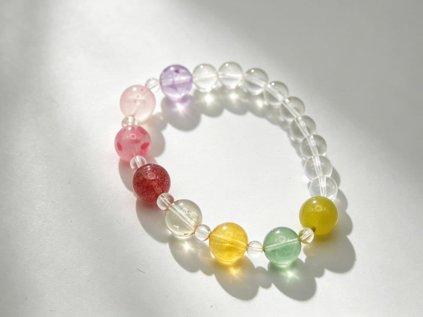Rainbow Multicolor Crystal Bracelet | Amethyst Rose Quartz Strawberry Quartz Fluorite Pastel Gift Her
