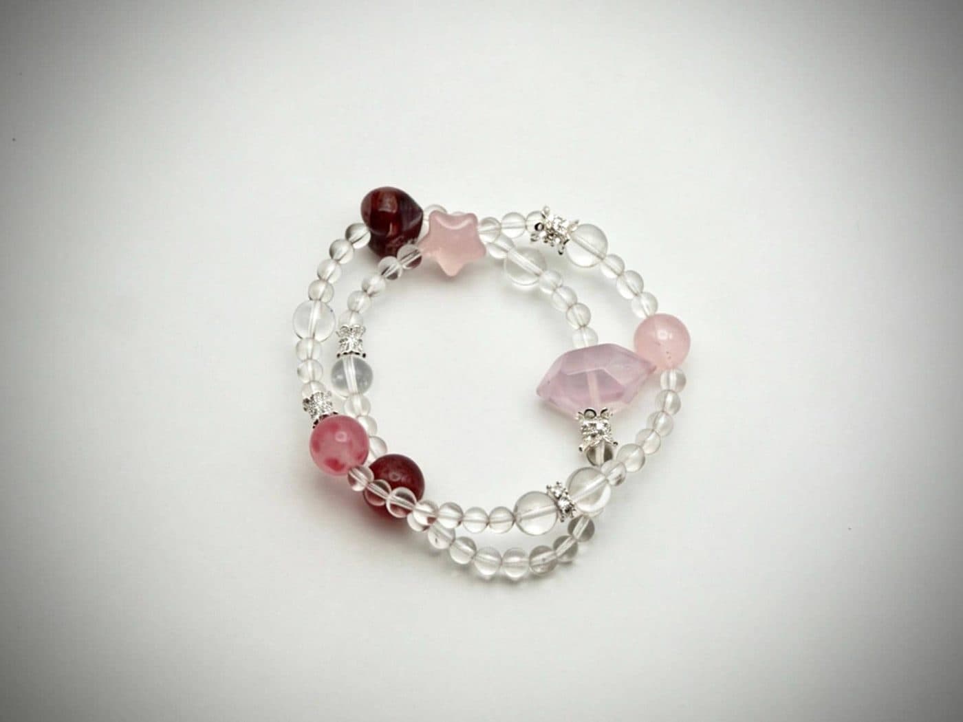 Rose Quartz Strawberry Quartz Rhodonite Bracelet | Star Charm Silver Bear Spacer Valentine Gift Her