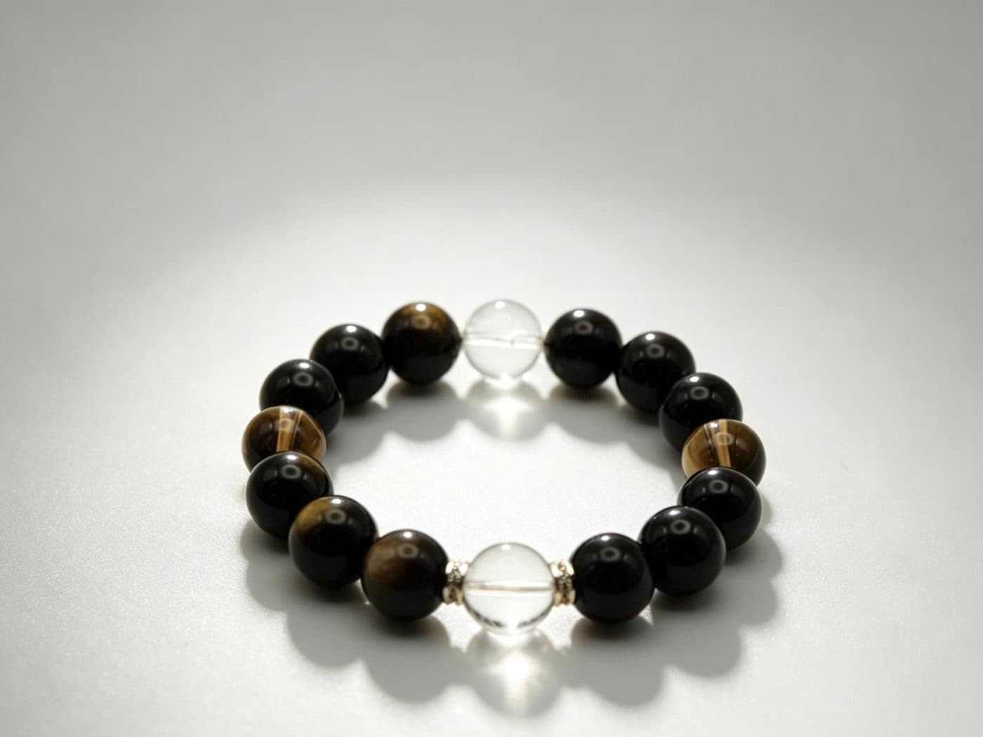 Unique Handmade Bracelet 12mm | Black Obsidian, White Crystal & Citrine | Original Design Stretch Bracelet